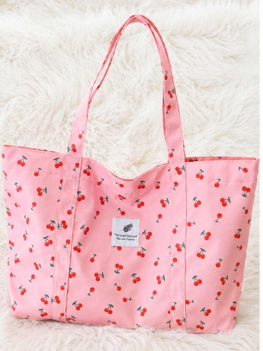 Pink Cherry Print Tote Bag – Large Cute Shoulder Bag Everyday Shopper